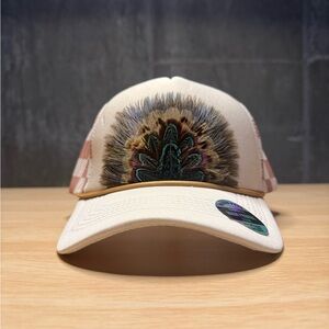 Beige Trucker Hat with Feather Design